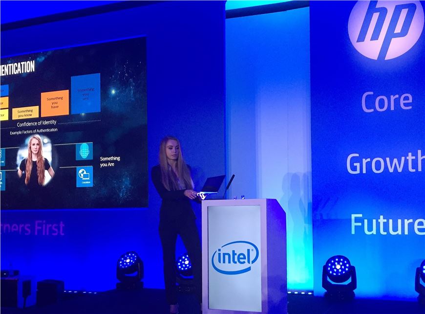 Marika Dziuba takes to the stage in London at the HP Partner First event evangelising Intel Authenticate and Intel Security. 