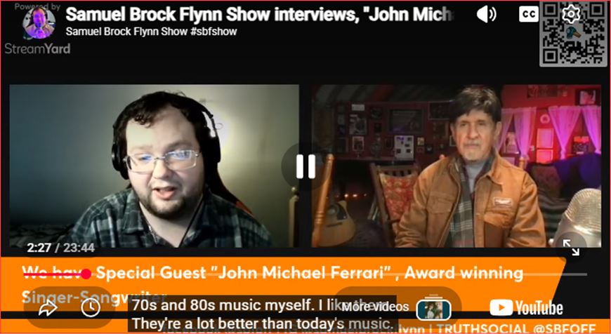 Samuel Brock Flynn Show interviews, "John Michael Ferrari" Award winning Singer-Songwriter